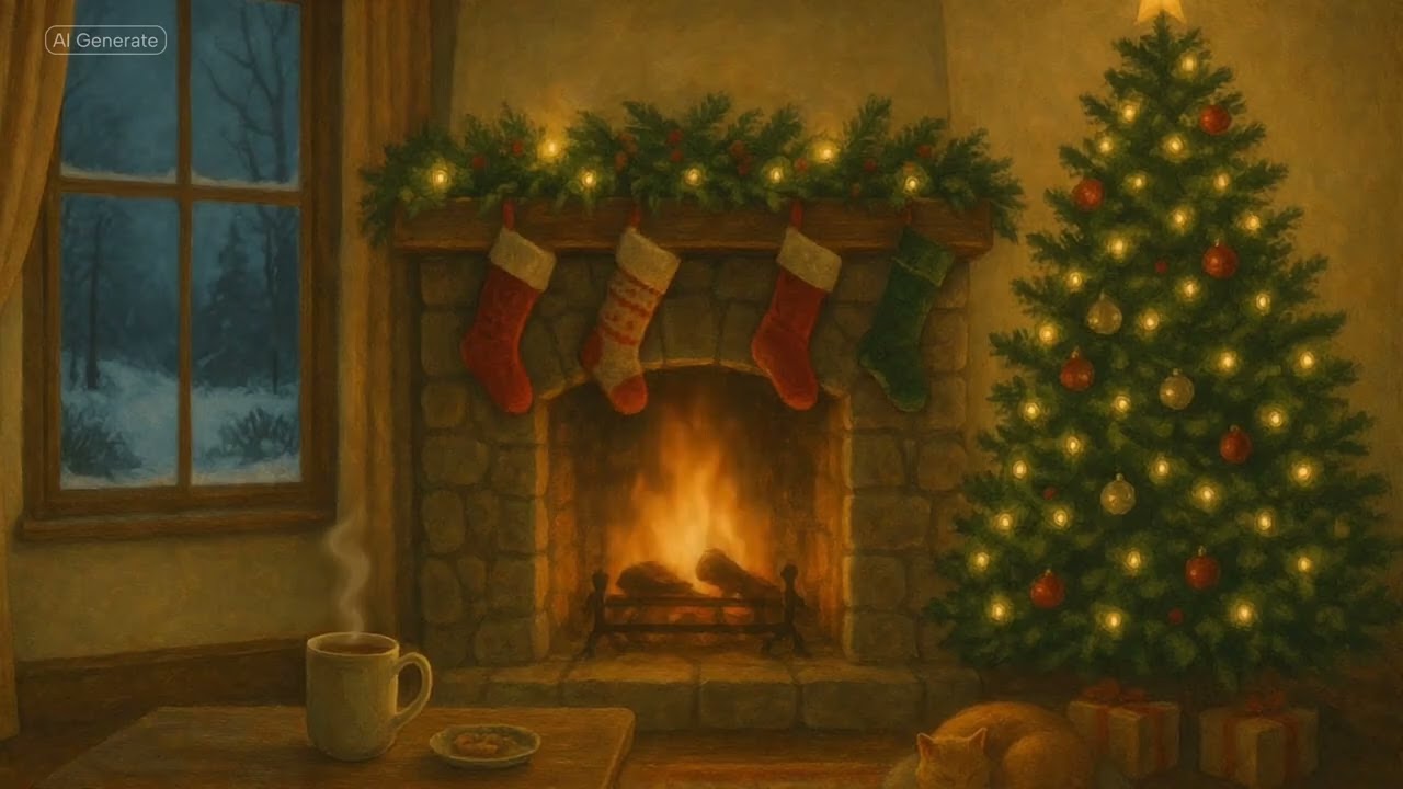 “Cozy Winter Fireplace Ambience – Gentle Chopin Piano & Sleeping Cat Purring for Relaxation”