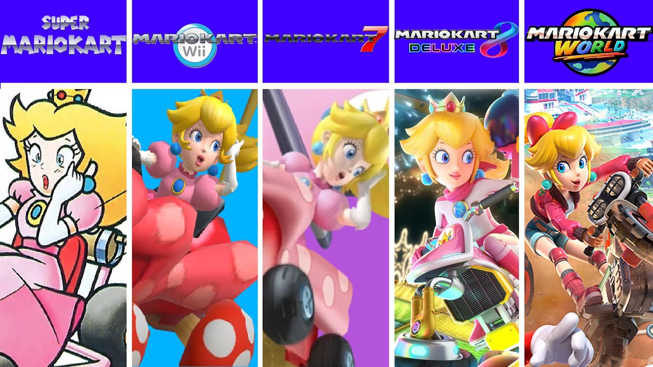 Evolution of Princess Peach in Mario Kart Games. Character Select, Gameplay & Animations (1992–2025)