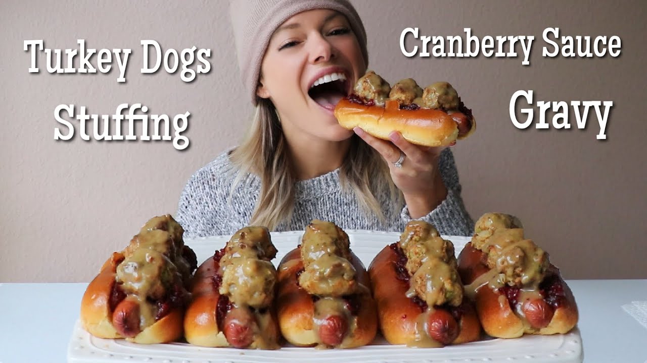 Thanksgiving Hot Dogs MUKBANG | Turkey Dogs w/ Stuffing Fritters, Cranberry Sauce + Gravy!