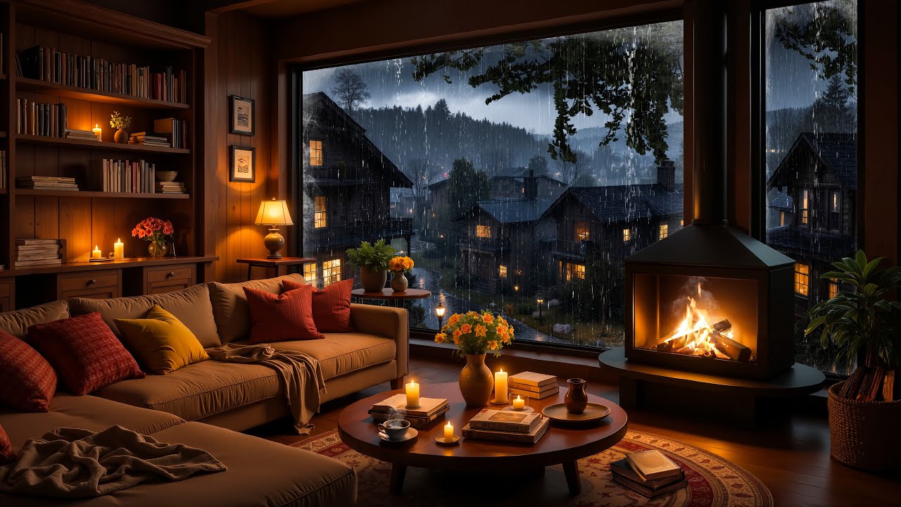 🎶 Smooth Jazz for Relaxing 🔥🌧️ Fireplace Glow & Rainy Window in a Cozy Wooden Cabin Ambience