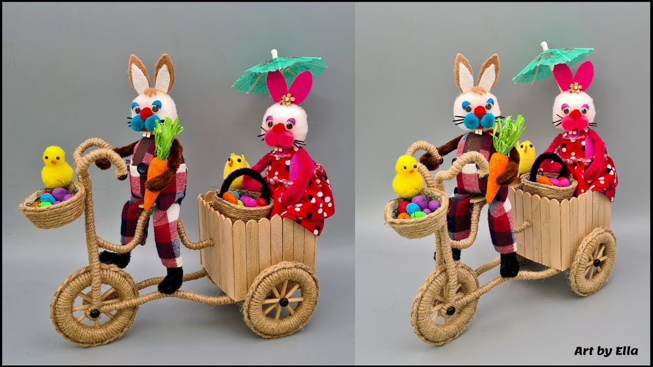 Decoratiuni de Paste!Idei creative de Paste!Tricicleta cu iepurasi din oua de polistiren si pompoane
