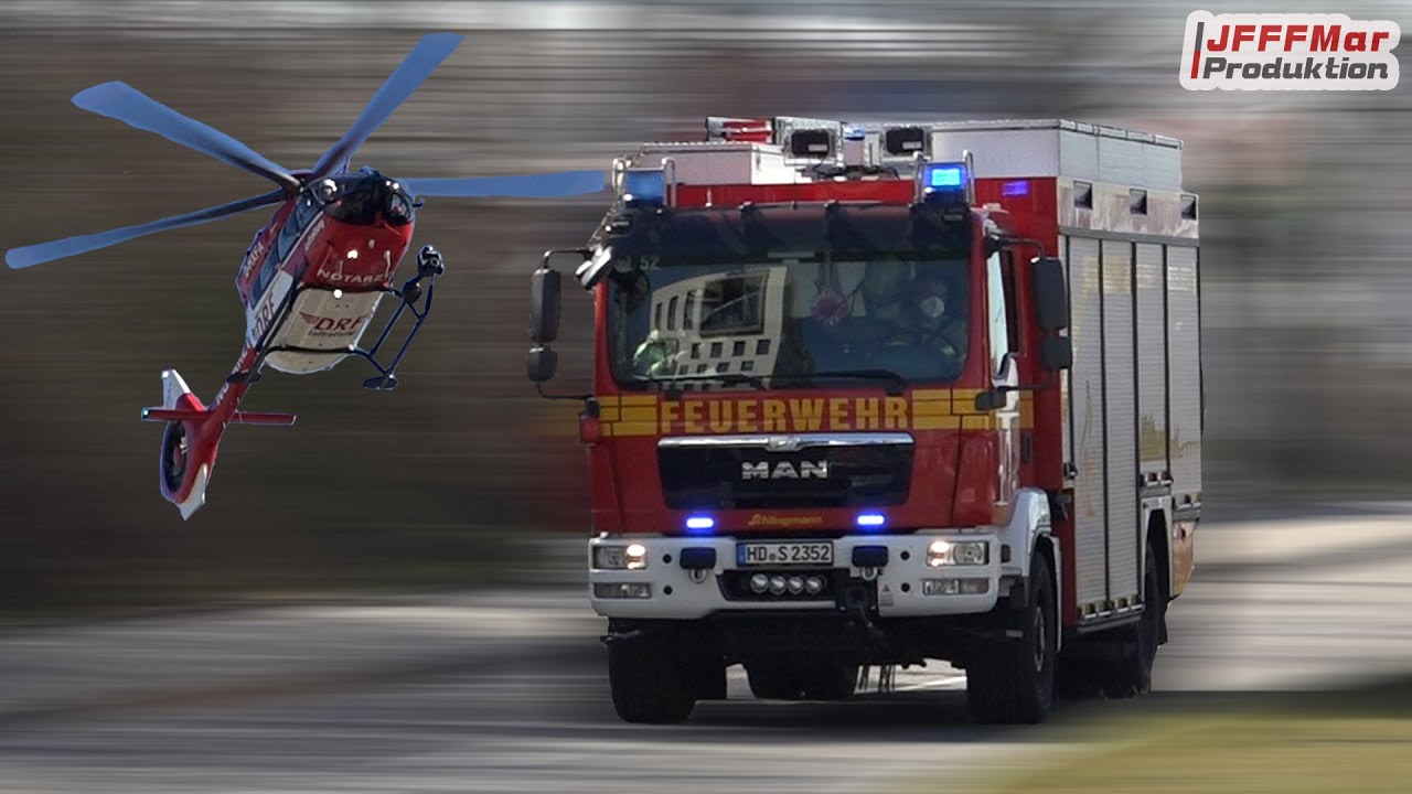 Rüstzug + KdoW + MTW BF Heidelberg + Landung Christoph 51 auf Wachgelände