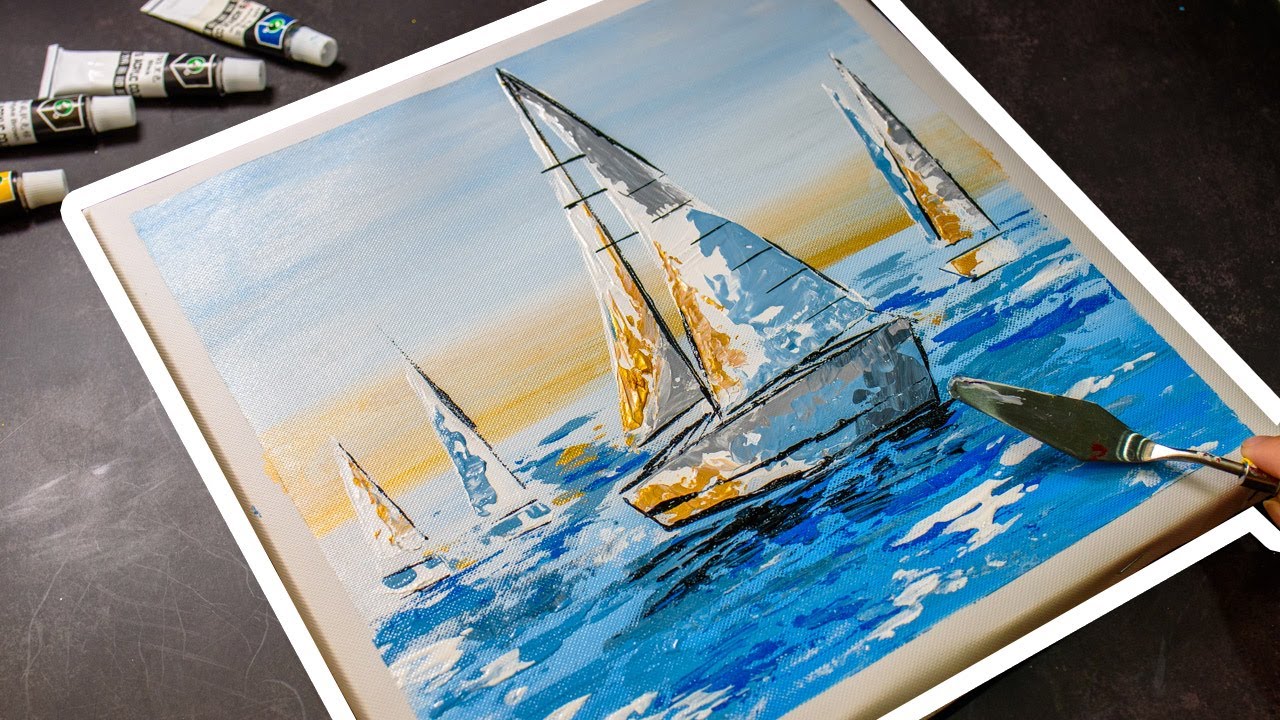 Abstract boat painting / Sailing boats acrylic tutorial / Palette knife techniques