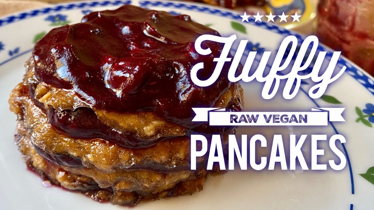 Fluffy raw vegan pancakes with jam