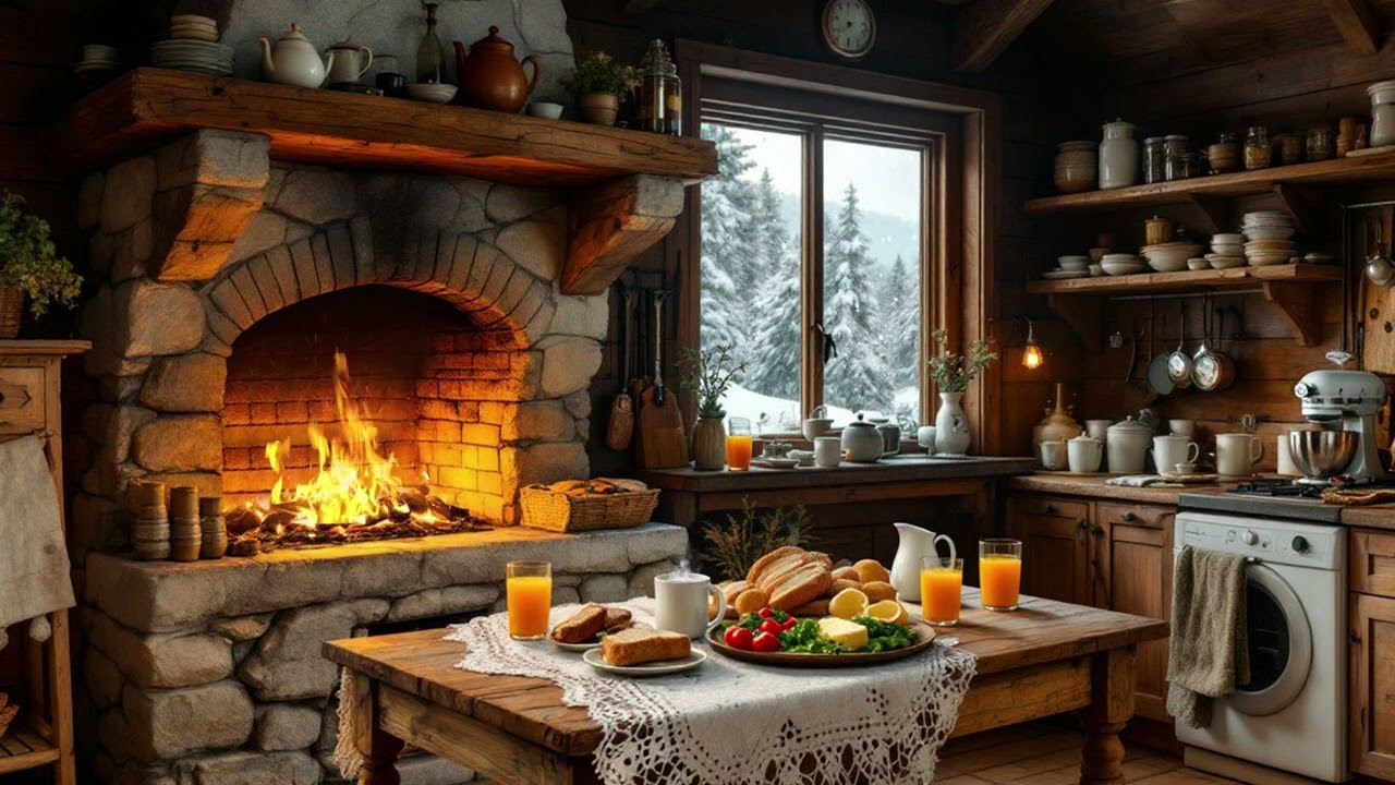 Cozy Kitchen Ambience 🥧  Snowy Views and Hearth Ambience