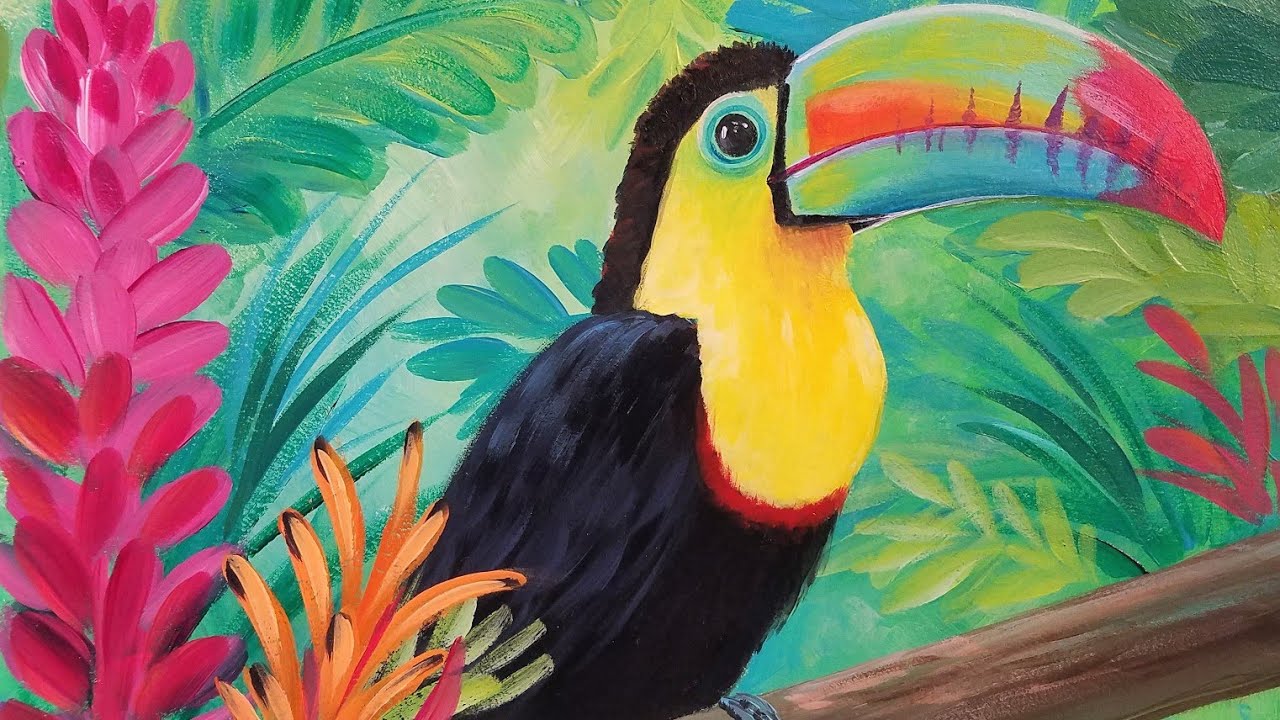 Tropical Acrylic Painting Rainbow TOUCAN Live Step by Step JUNGLE Tutorial #Angelooney
