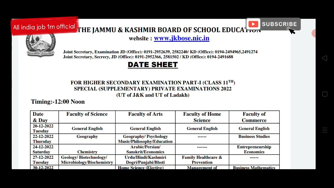 jkbose (11th Class) Datesheet out bi-annual private UT of j&k & ladakh Private exam 2022