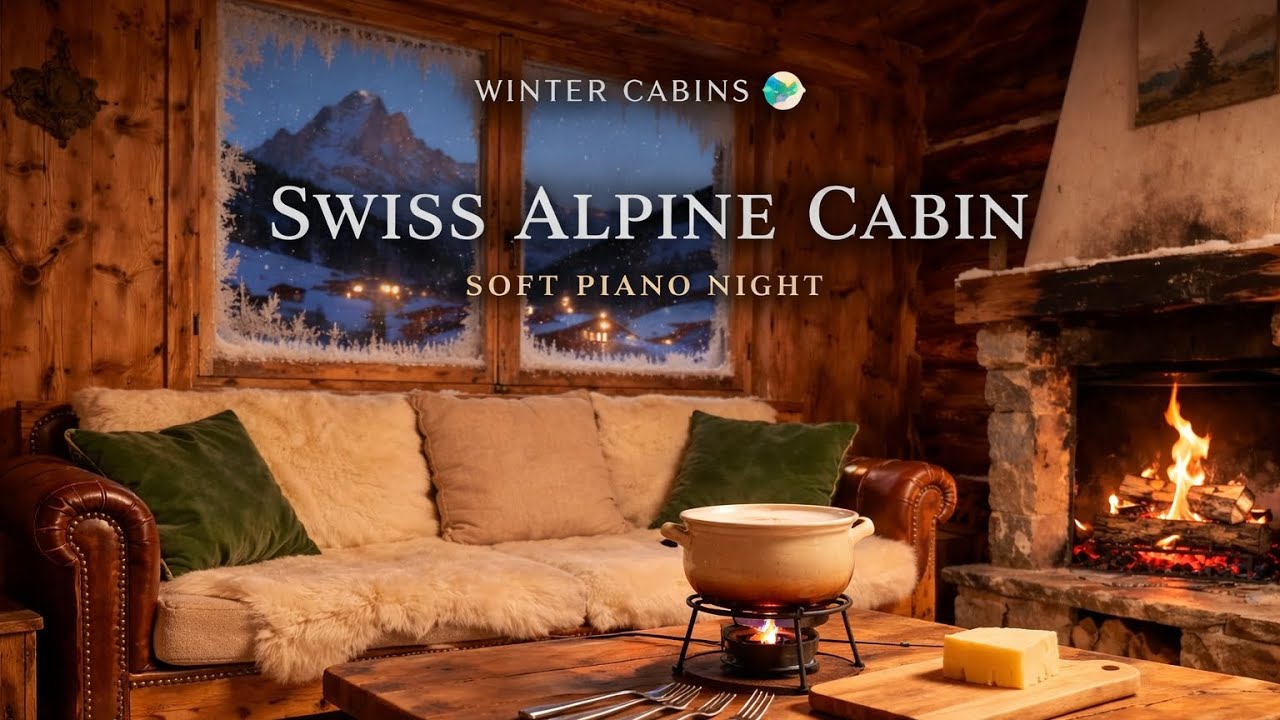 Swiss Alpine Cabin ❄️ Warm Piano & Gentle Strings | Cozy Winter Night Ambience (1 Hour)