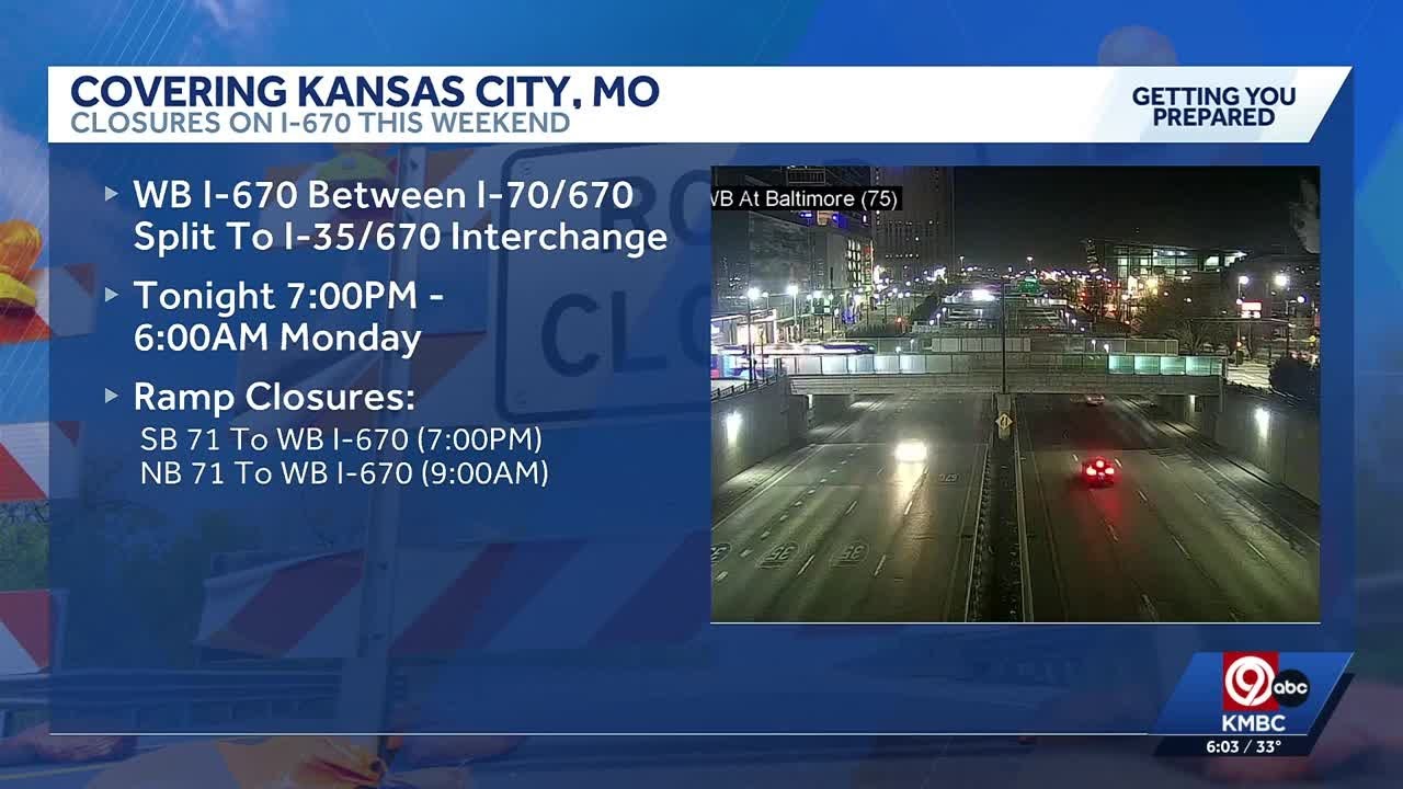 Portion of westbound I-670 closing through Feb. 16 in Kansas City
