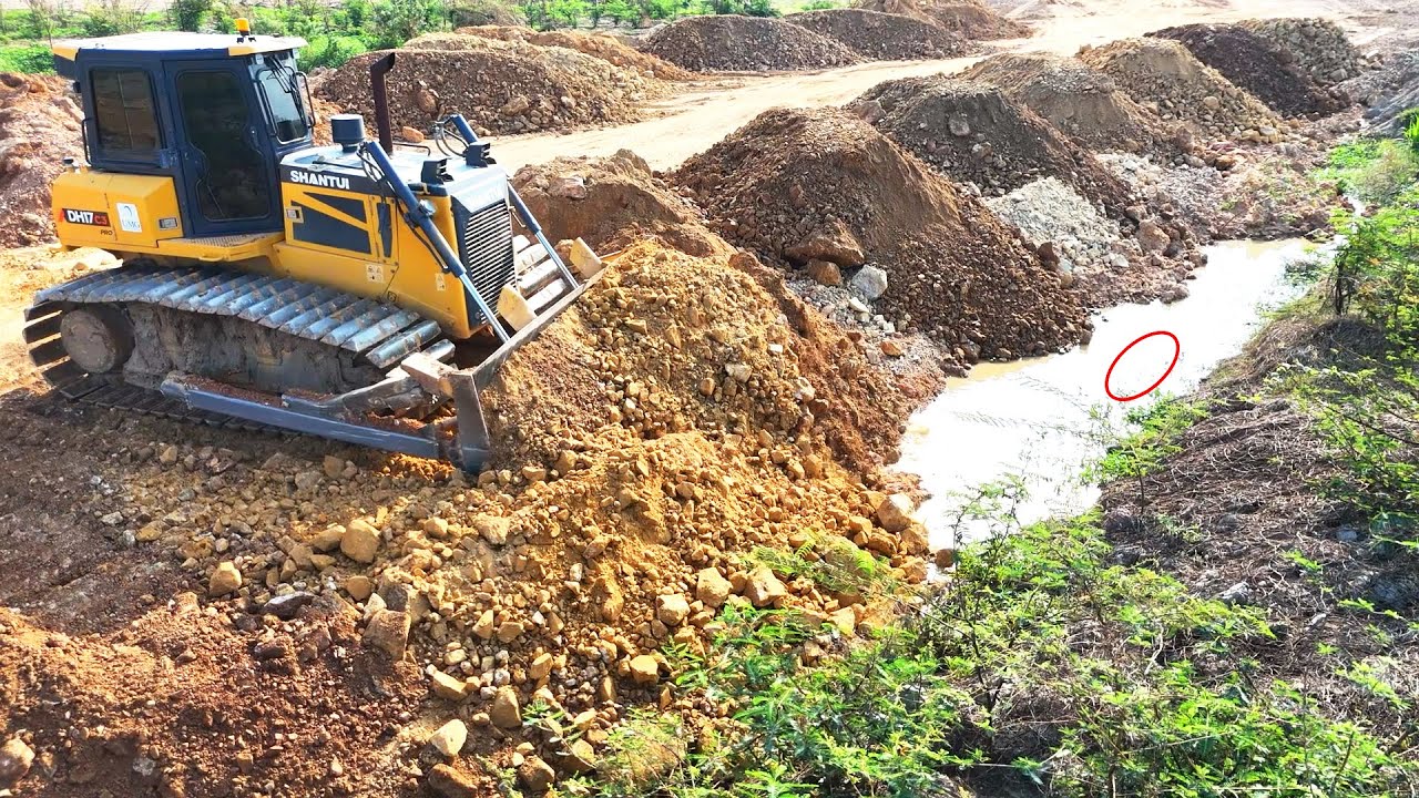 Nicely Land Filling Of Water Hole Is Done By A Skilled Shantui DH17c3 Bulldozer & Dump Trucks 24 ton