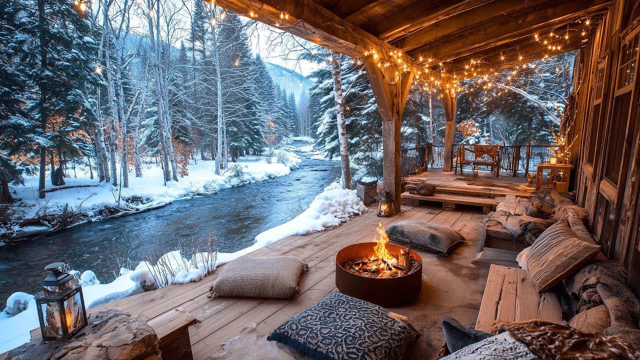 Winter Cabin Porch Campfire beside a Flowing River With Nature sounds Ambience