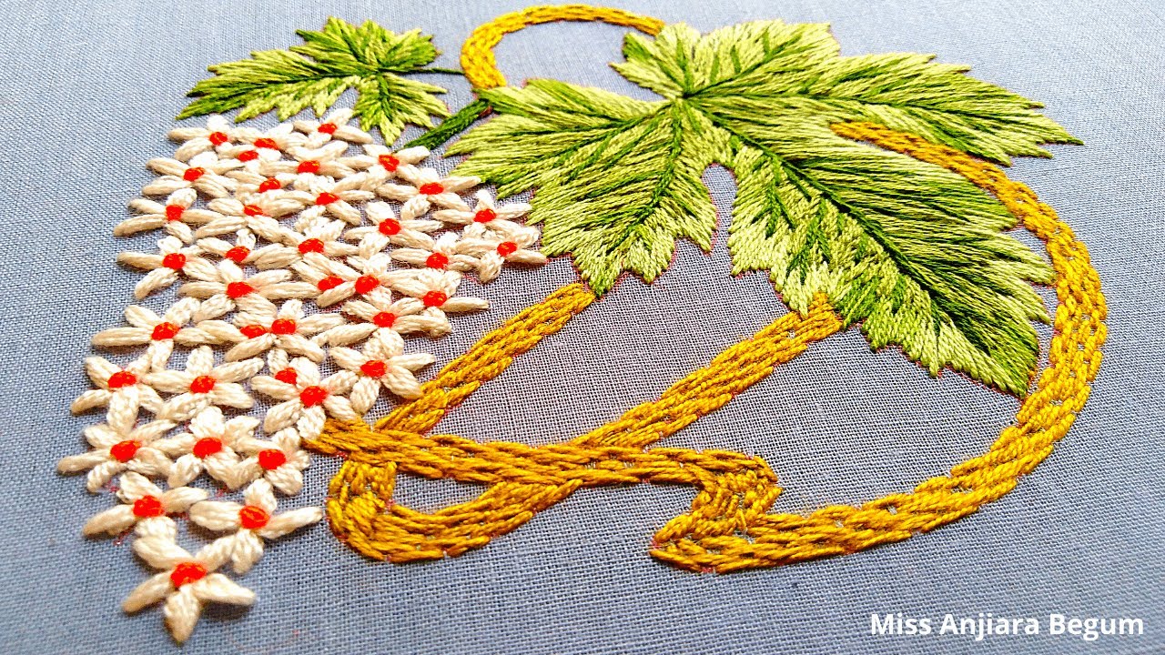 Cute Leaf Hand Embroidery with small Flowers, Leaf & Flowers Embroidery by Miss Anjiara Begum-315