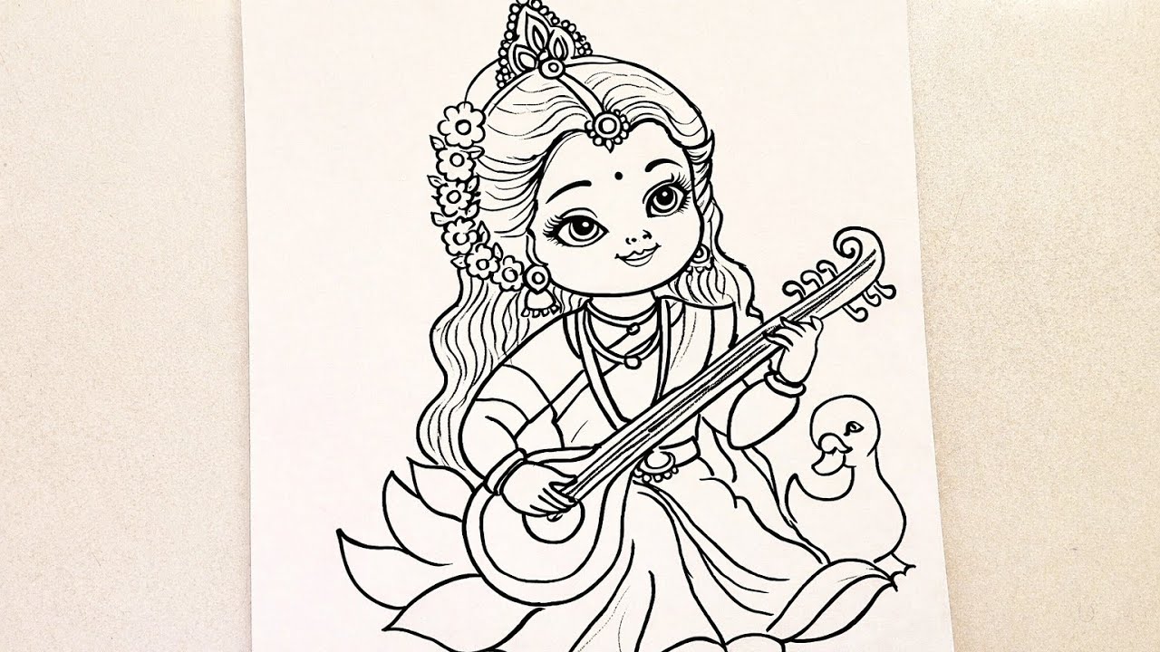 Cute Saraswati Maa Drawing | Easy Outline Sketch | Goddess Saraswati Art