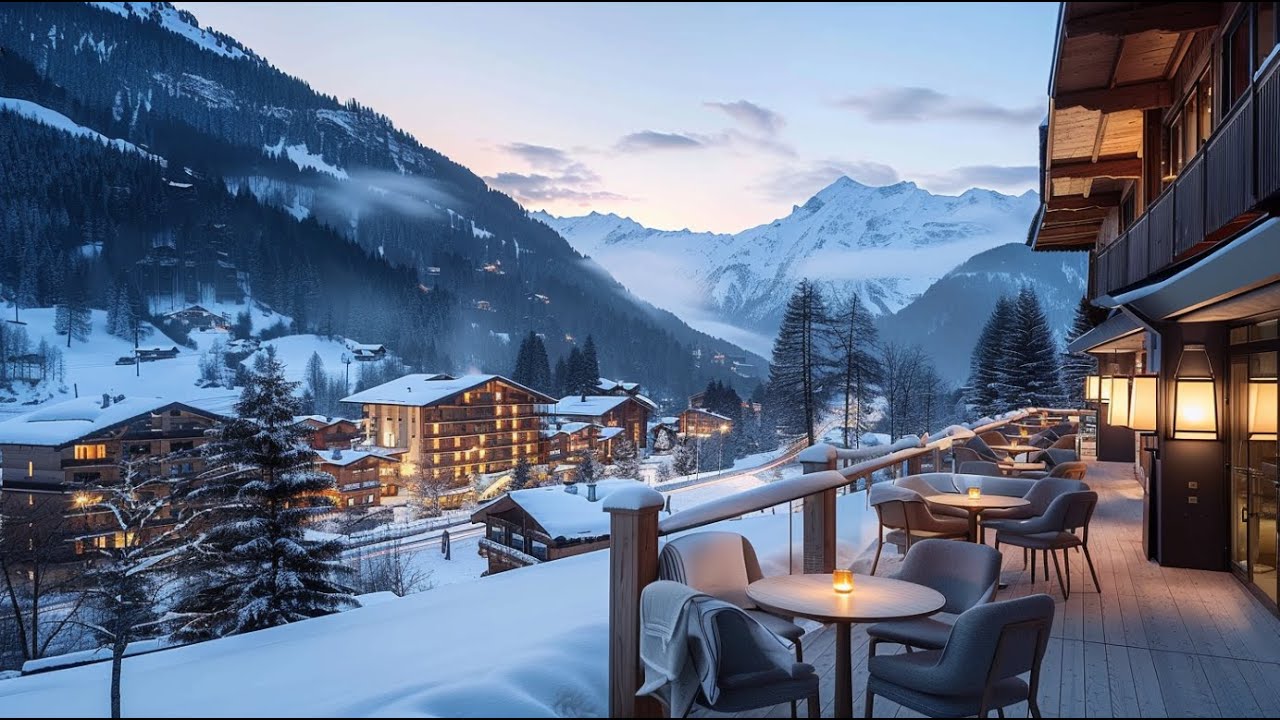 Luxury Alpine Café Terrace in Winter ❄️ Falling Snow, Candlelight & Cozy Ambience