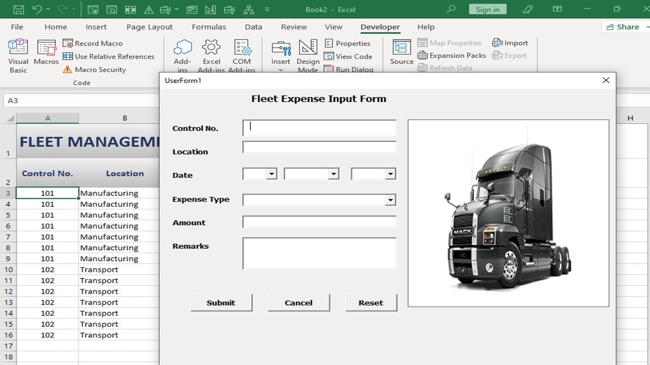 How to Create a Userform in Excel VBA using VBE codes for Fleet Expense Tracker