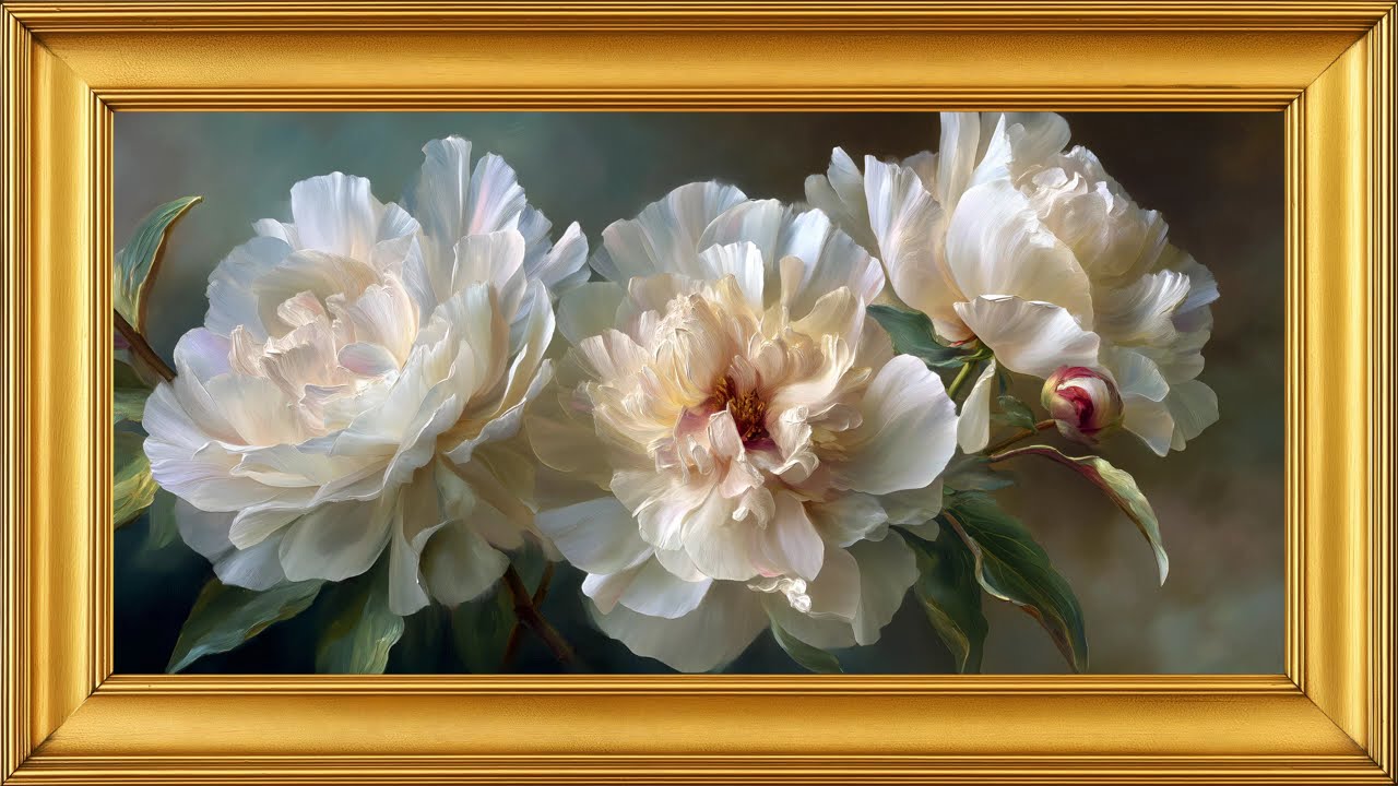 White Peonies Oil Painting 🌸 1 Hour 4K Ambient Art for TV & Relaxation