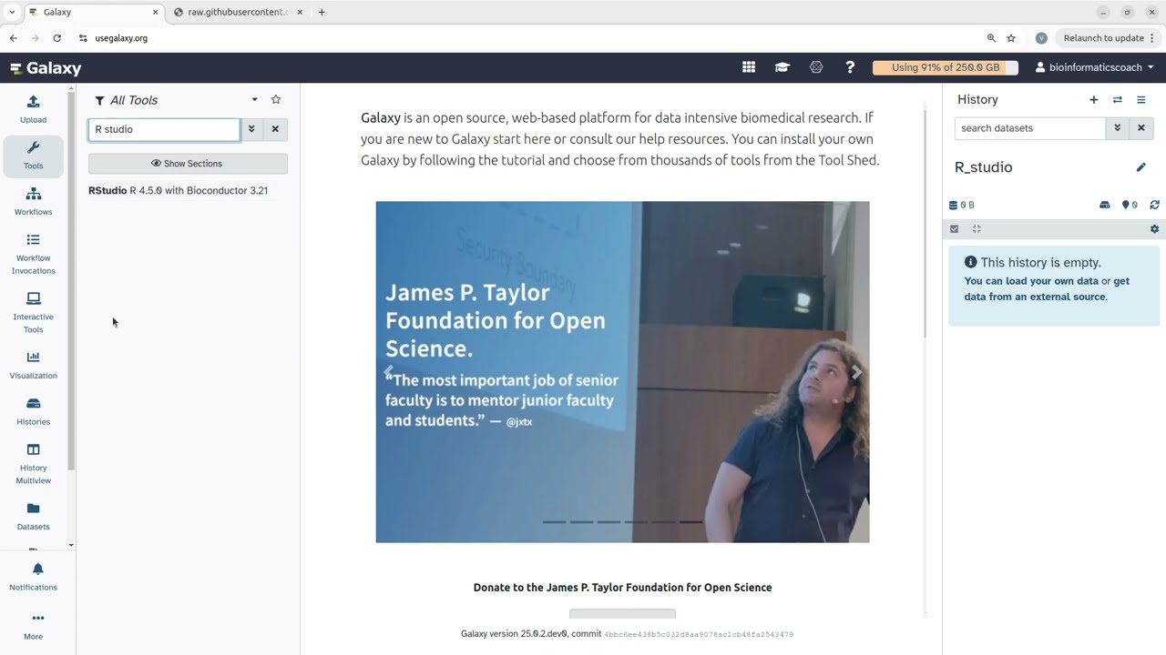 Galaxy Tutorials on How to Run RStudio in  Galaxy for Bioinformatics