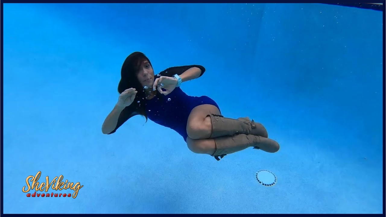 Swimming Underwater 💦 With Clothes On Wearing a Blue Dress and Boots Pool Time