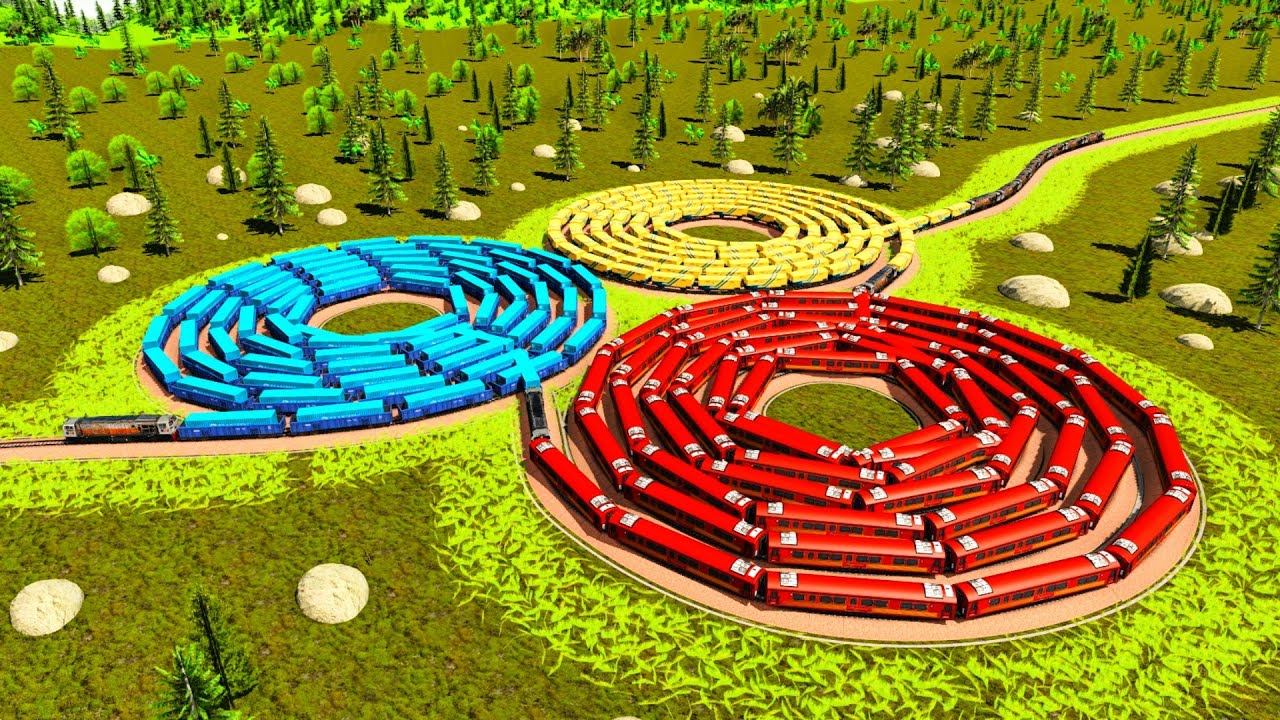 Kereta Api 3 Warna Melintasi Tiga Rel Spiral Raksasa🚦Rel Kereta Api Spiral Mengaping Di Atas Air🚇