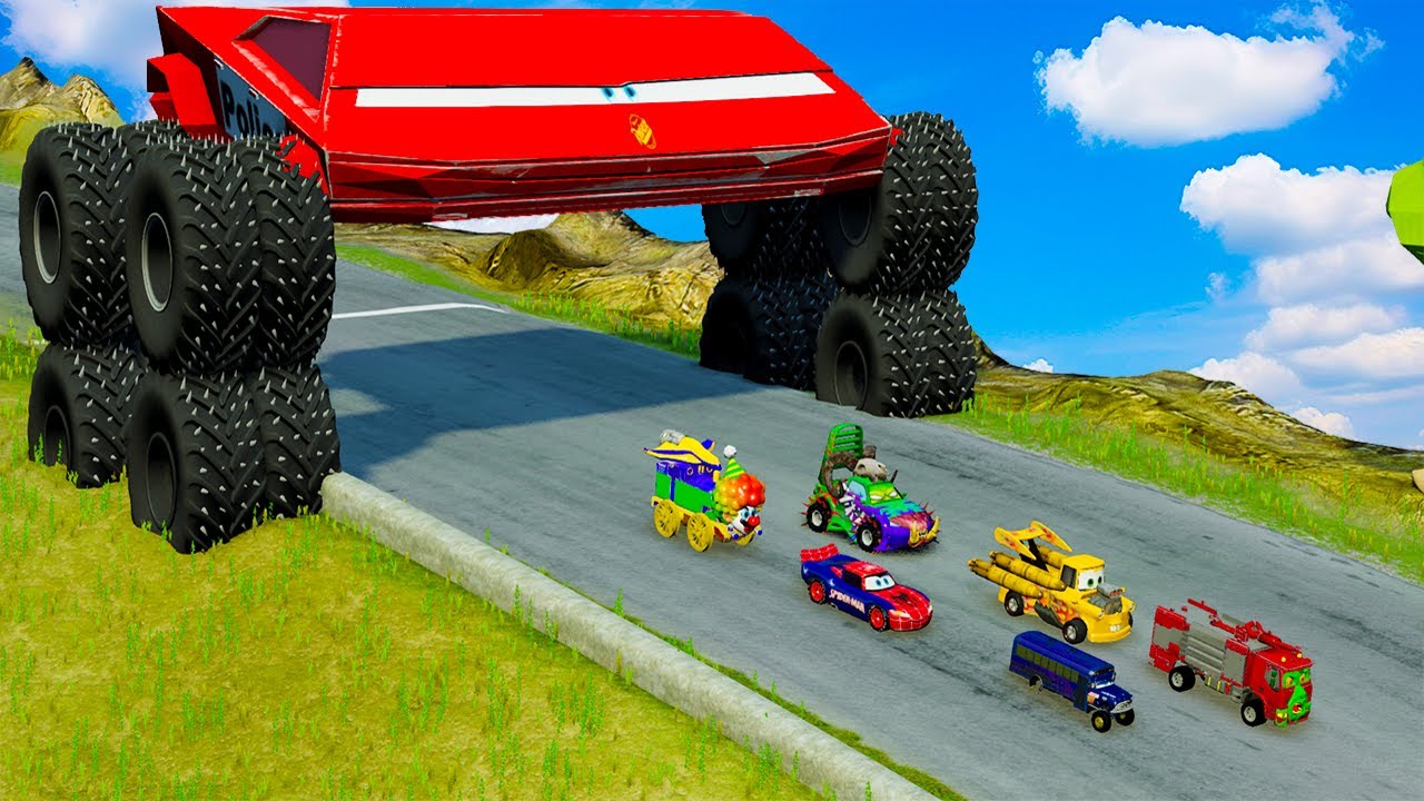 Big & Small Lightning McQueen Spiked Monster Wheels vs Pixar Cars with Big Wheels in BeamNG Drive!
