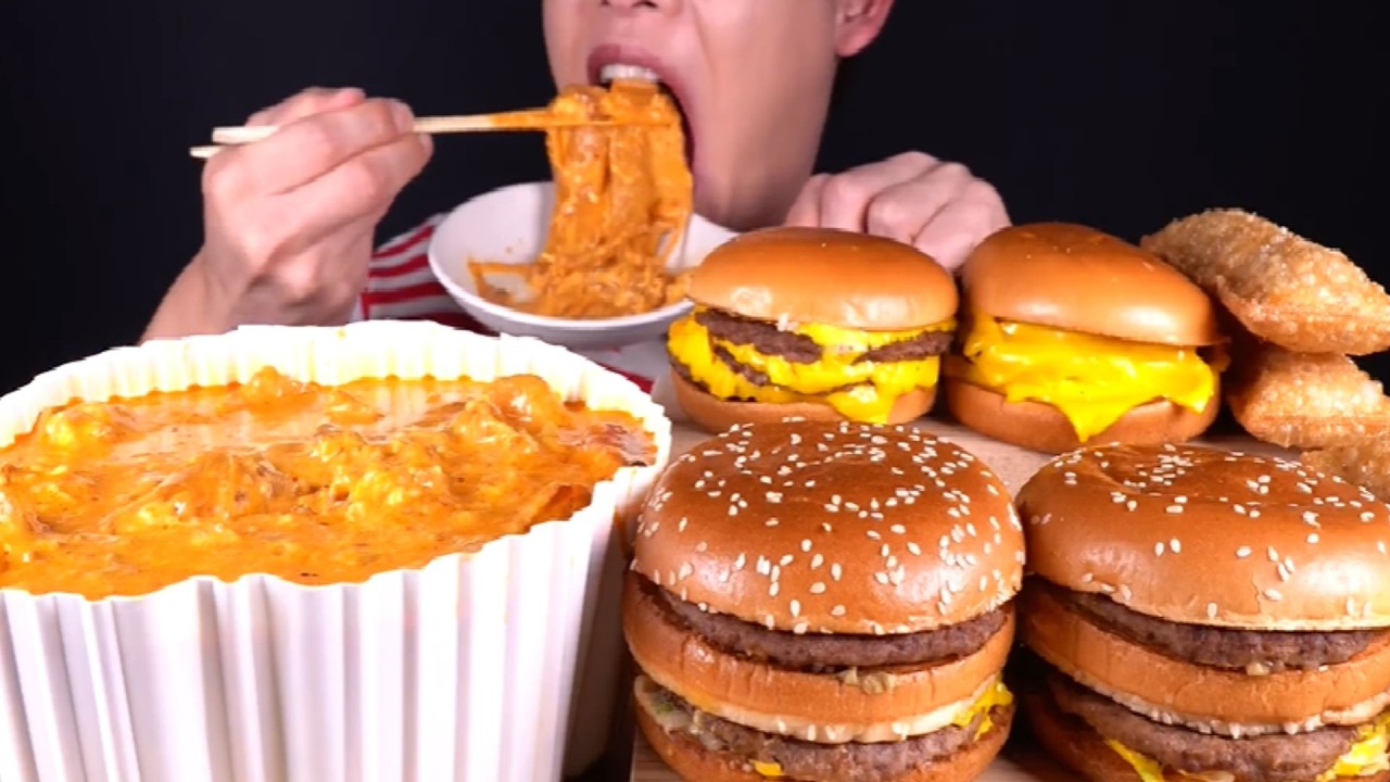 ASMR MUKBANG McDonald's Cheese Burgers & Spicy Cheese Tteokbokki
