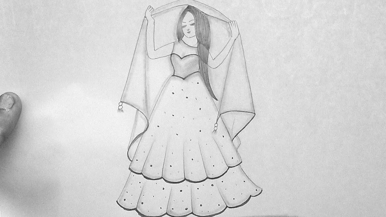 How to draw a Traditional - Style Gown + Dupatta l Girl drawing for beginners