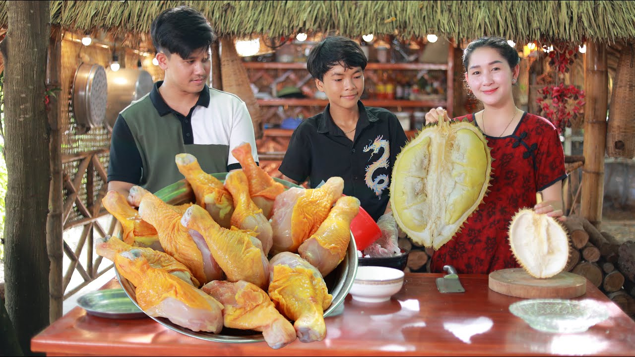 Yummy cooking durian sticky rice dessert and drumstick chicken frying - New way of cooking durian
