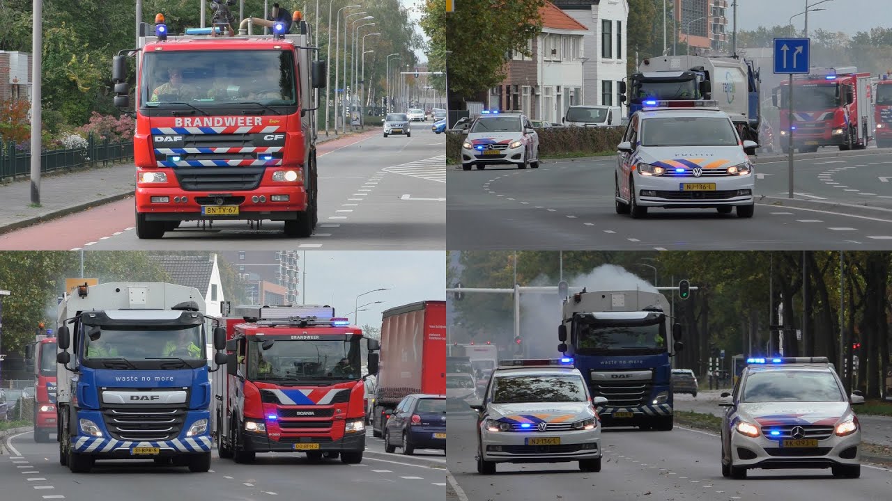 Verschillende Politie & Brandweer voertuigen begeleiden brandende Vuilniswagen Renewi naar stort