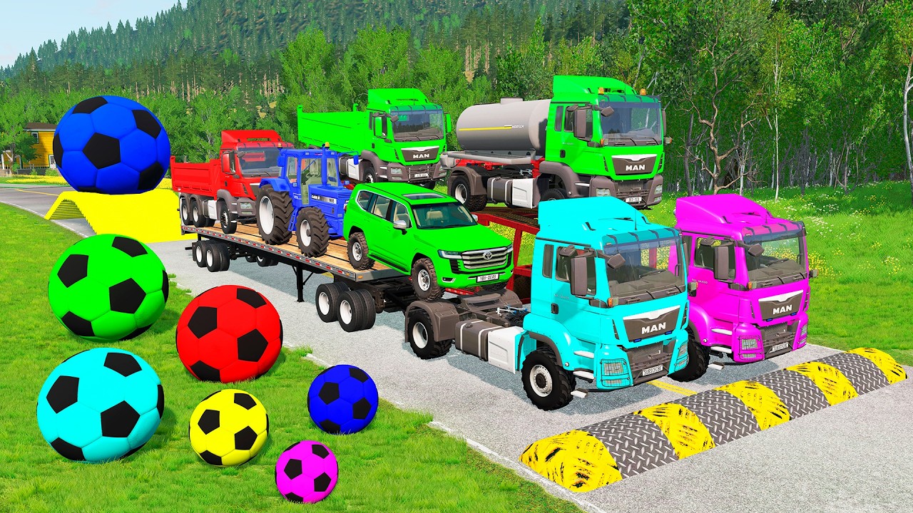 Flatbed Trailer McQueen Transportation with Truck - Speedbumps vs Cars vs Train - BeamNG.Drive #45