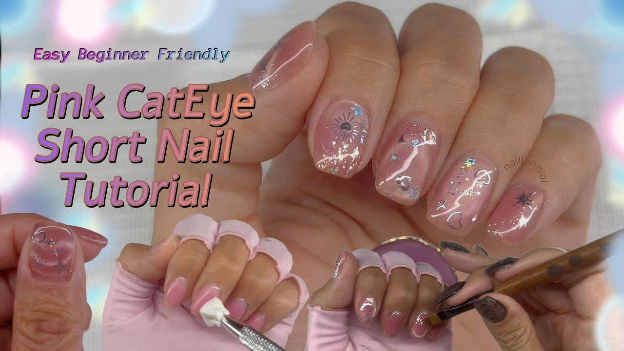 Beginner-Friendly Pink Glossy Cat Eye Nails Tutorial | Iridescent Stickers Under Rubber Base Gel