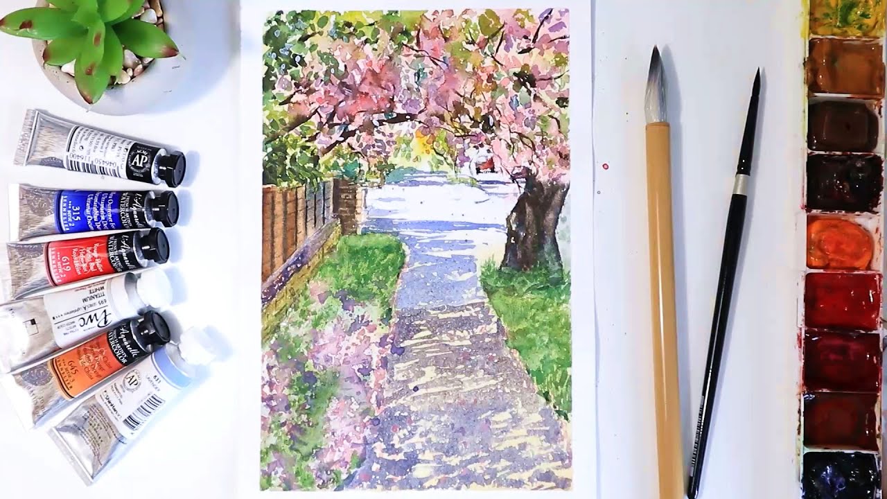 Watercolor Painting Spring Sunlit Street