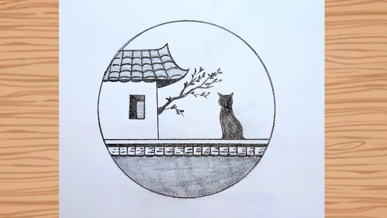 Cat on the roof drawing | easy scenery drawing #cat #drawing #scenery #howtodraw #art 