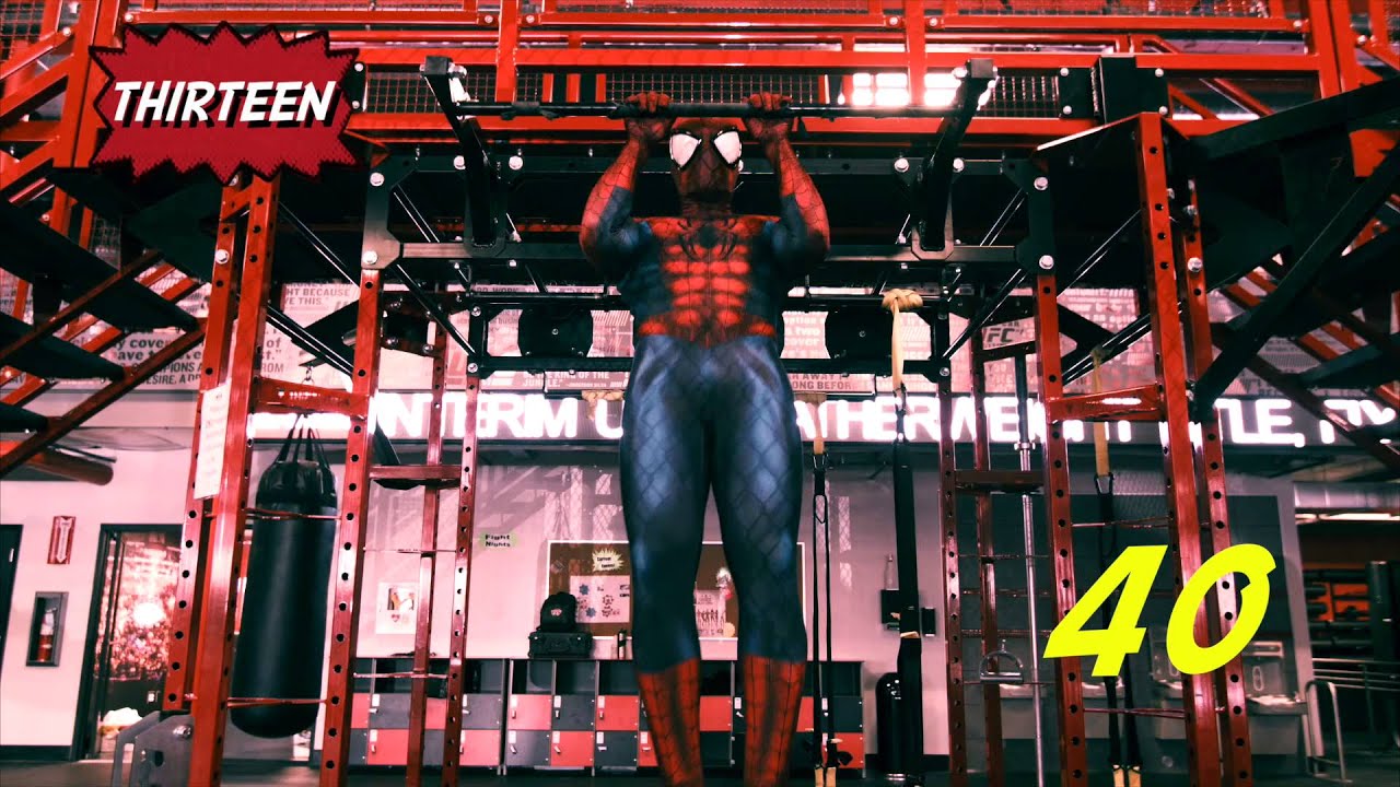 Spideman tests his strength with pull-ups!