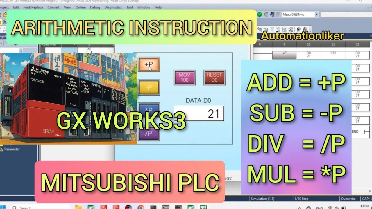 GX Works3 : ADD (+P), SUB (-P), MUL (*P), DIV (/P) Mitsubishi PLC RCPU Tutorial With HMI Simulation