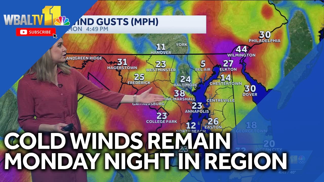 Cold winds continue on Monday night in the Baltimore area