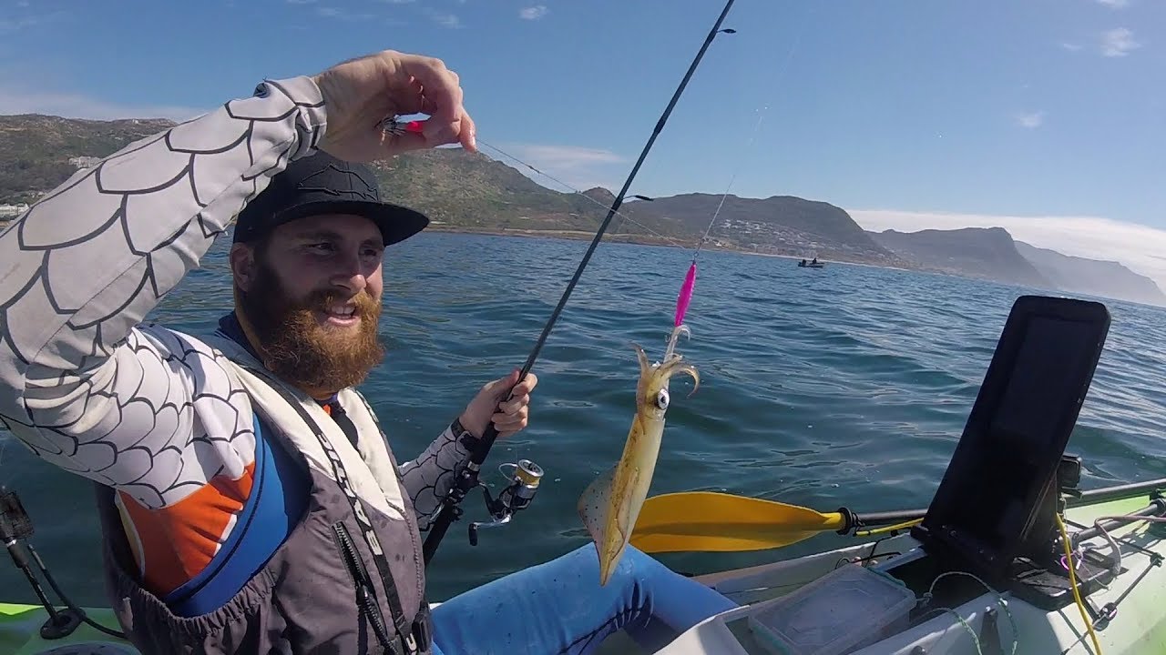 Catching squid off a kayak in Simonstown with new squid jigs.