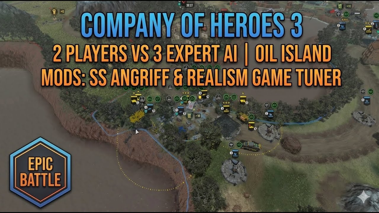 CoH3 No Commentary Gameplay | Oil Island (2v3 vs Expert AI) – SS Angriff + Realism Game Tuner