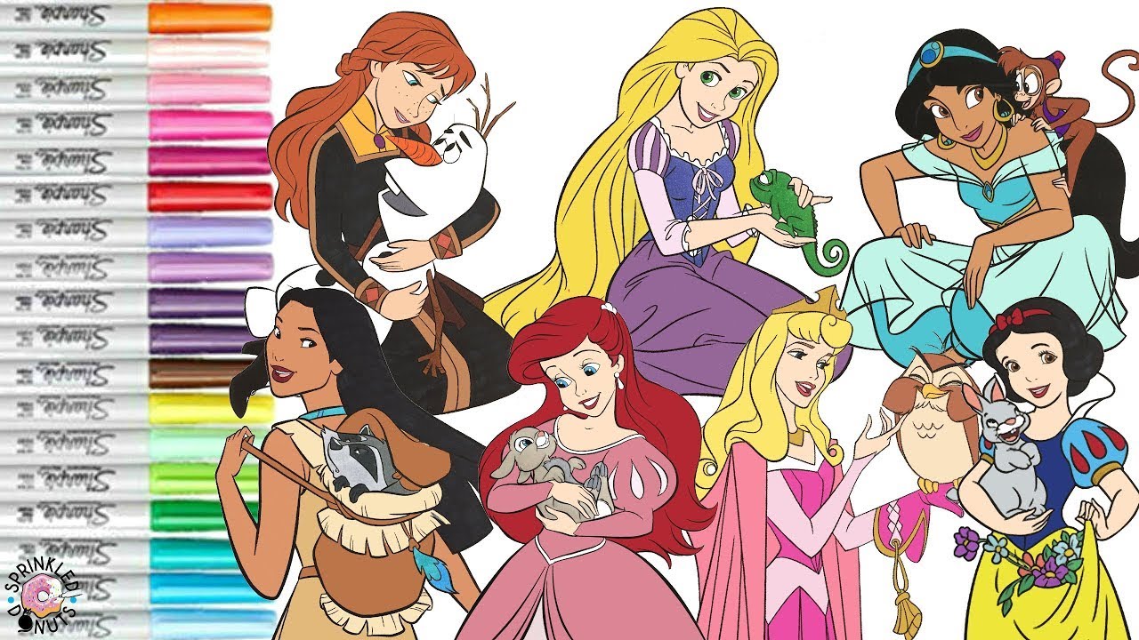 Disney Princess Coloring Book Compilation Rapunzel Ariel Jasmine Pocahontas Anna Aurora Snow White