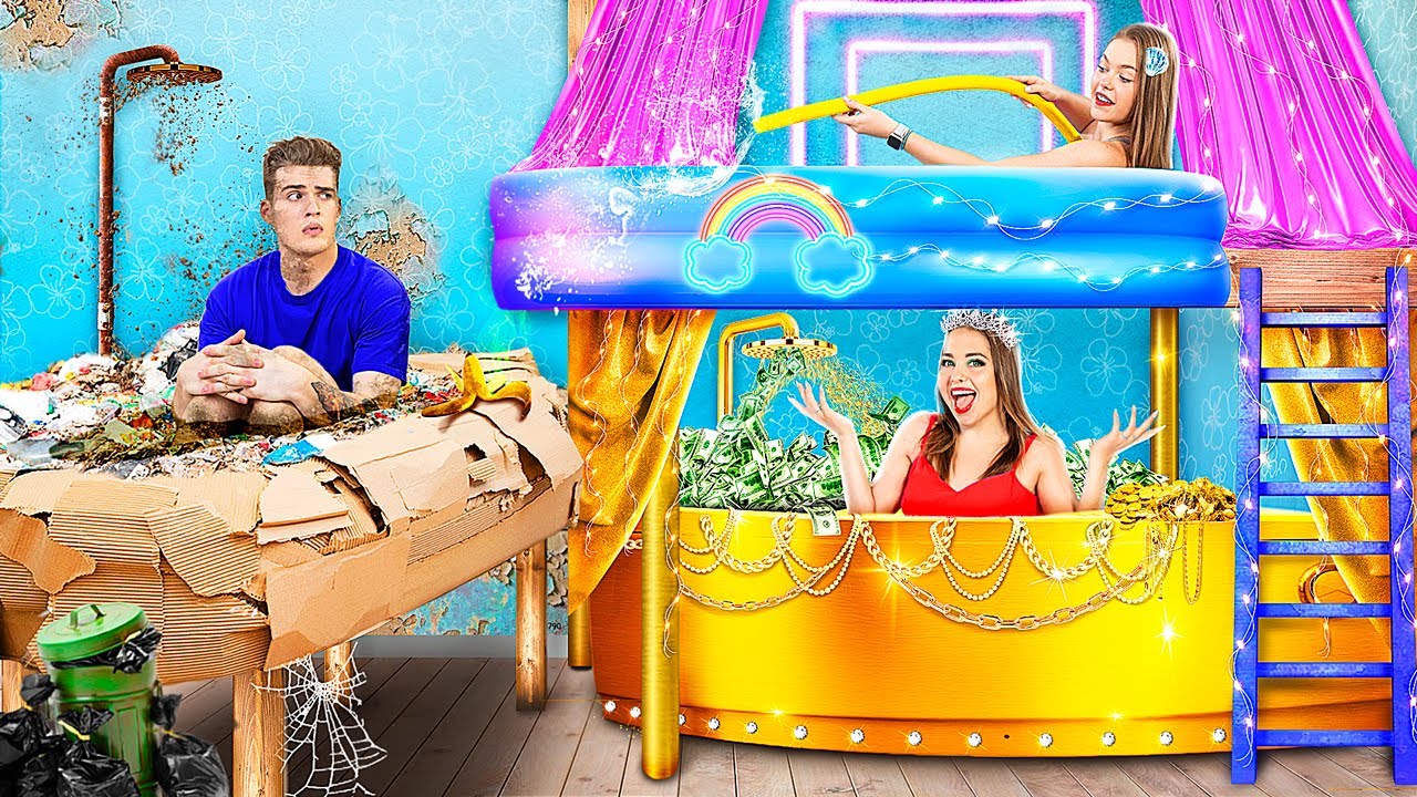 Bogaty vs Biedny vs Mega Bogaty! Łóżko Piętrowe w Łazience