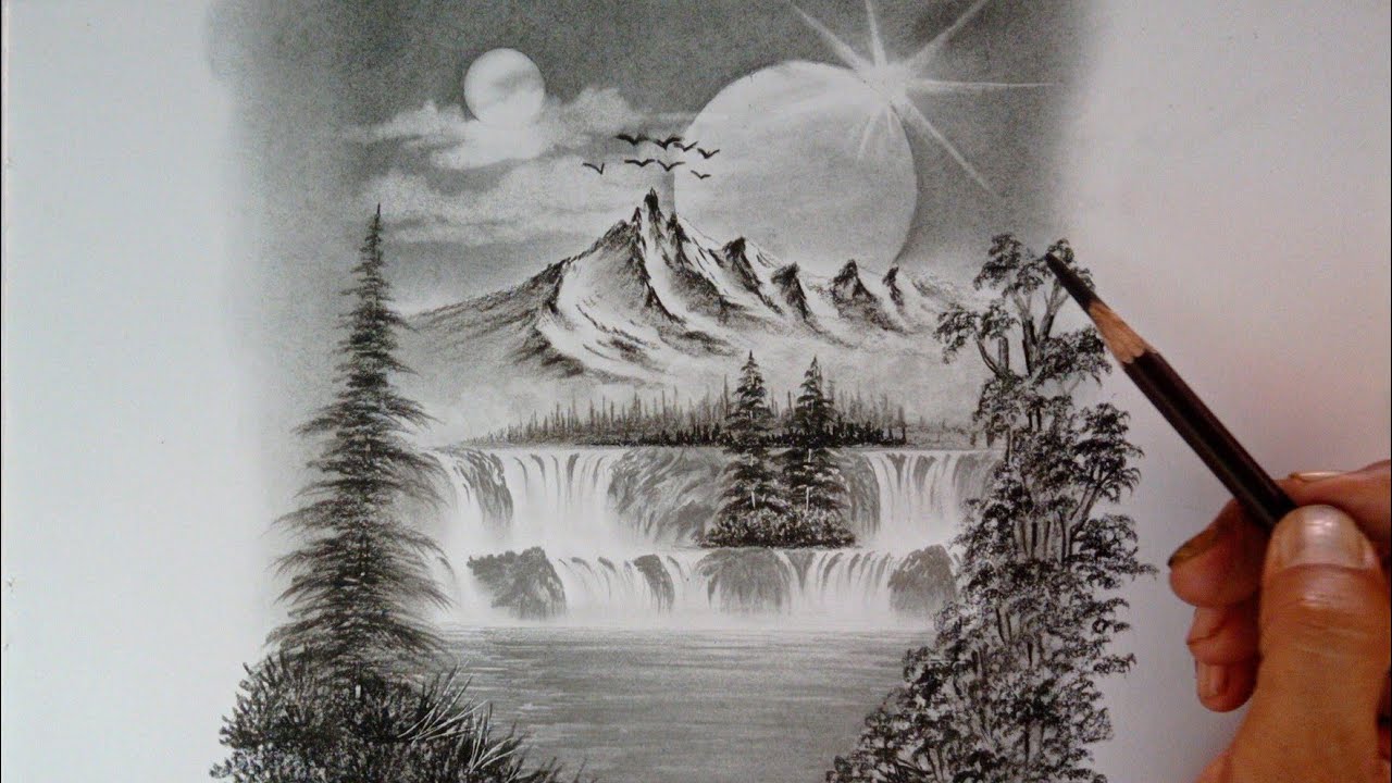 Pencil drawing landscape scenery with easy ways// Waterfall landscape sketch//