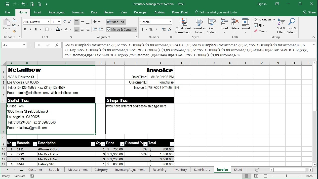 Inventory Management System Part 3 - Creating Invoice Sheet -Multiple VLookup - Dropdown