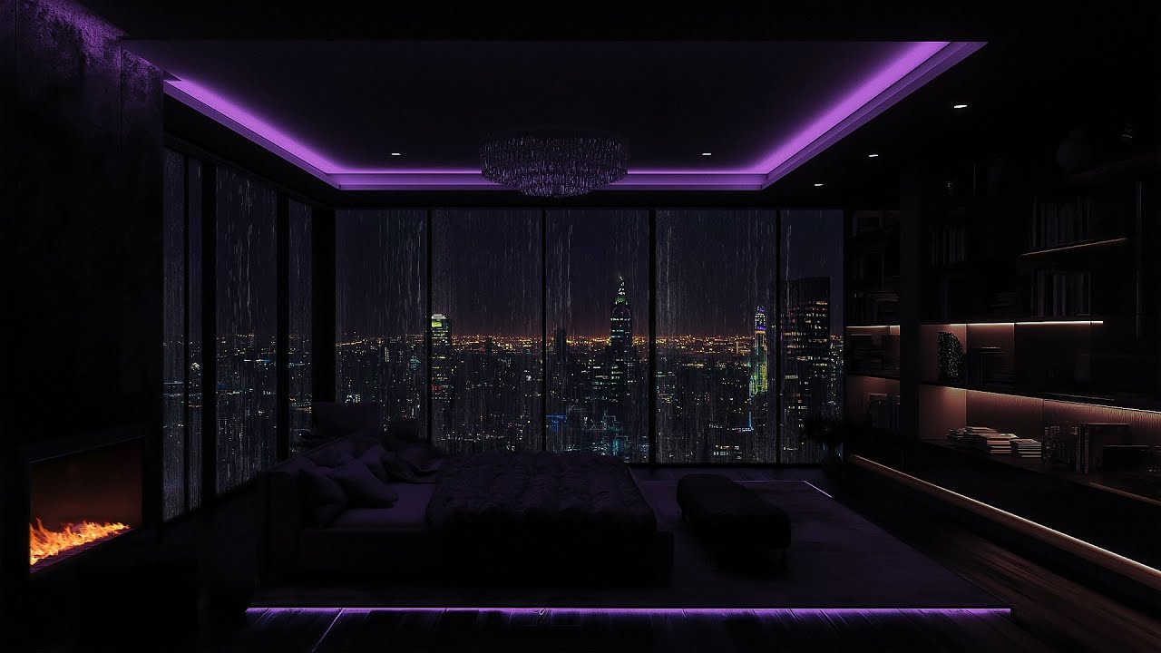Midnight in a Millionaire's Bedroom 🌃 Rain ASMR & Crackling Fire | To Unwind & Good Sleep