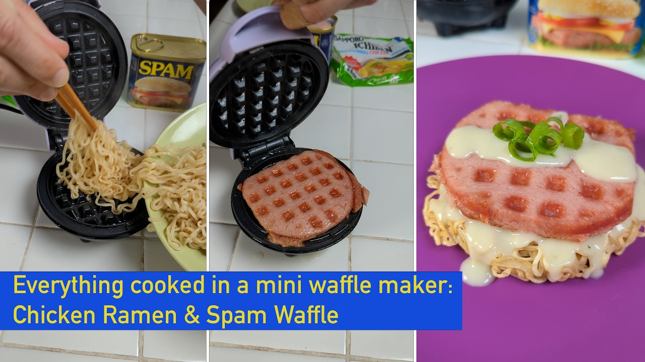 Chicken Ramen & Spam Waffle recipe video cooked in mini waffle maker