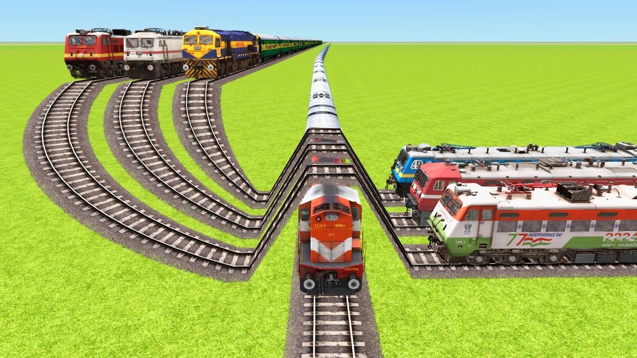 SEVEN TRAINS VS EXTREME CURVED DOWN SLIDE OVER BIG BREAKER RAILROAD ▶️ Train Simulator | CrazyRails