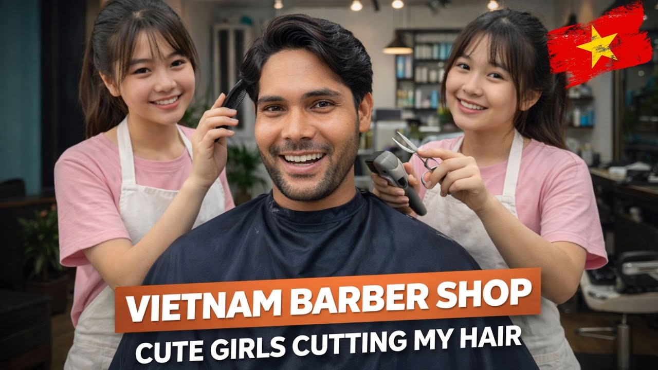 Vietnam Barber Shop Experience 🇻🇳 | Cute Girls Cut My Hair 😍
