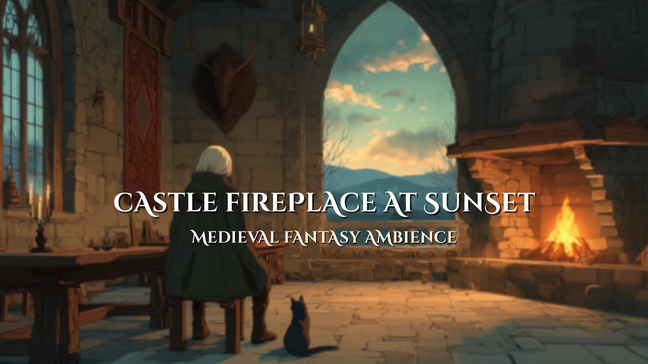 Medieval Fantasy Ambience | Cozy Castle Fireplace at Sunset in the Mountains • Relax & Study