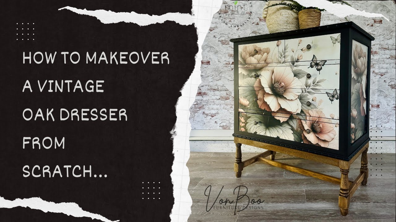 How to makeover a vintage oak dresser with @MINTbyMichelle decoupage paper and mineral paint
