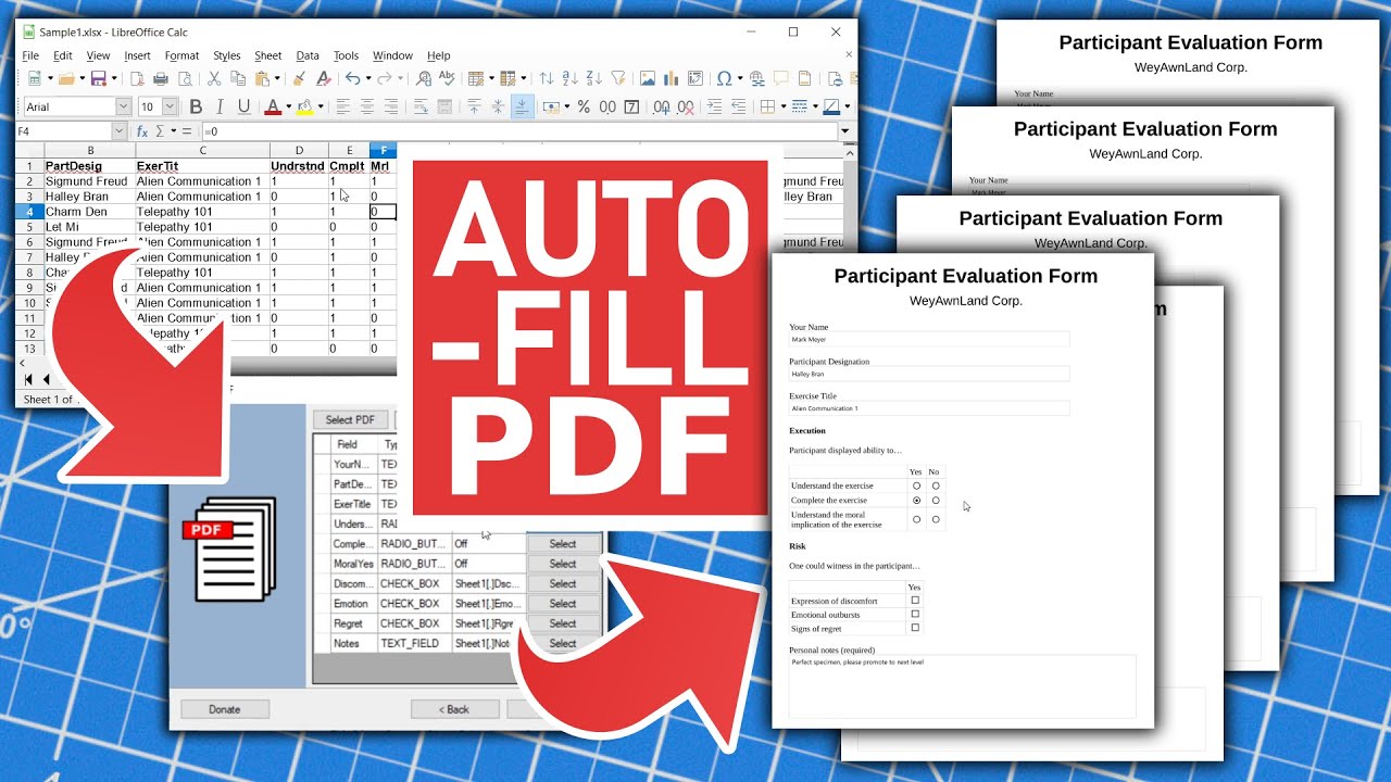 Массовое заполнение файлов форм PDF с использованием электронных таблиц (Excel/Calc/GDocs) с помо...