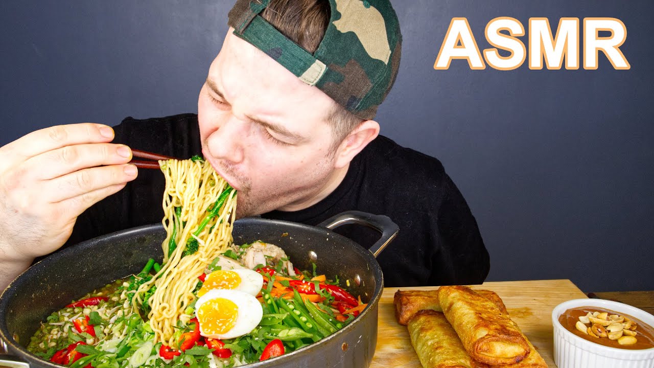 ASMR MASSIVE CHICKEN NOODLE SOUP, EGG ROLLS & PEANUT DIPPING SAUCE MUKBANG | DAVE KAY ASMR