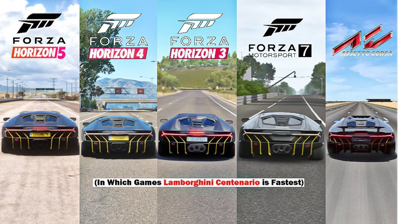 Lamborghini Centenario Comparison - Forza Horizon 5 Vs Horizon 4 Vs Horizon 3 Vs FM7 V Assetto Corsa
